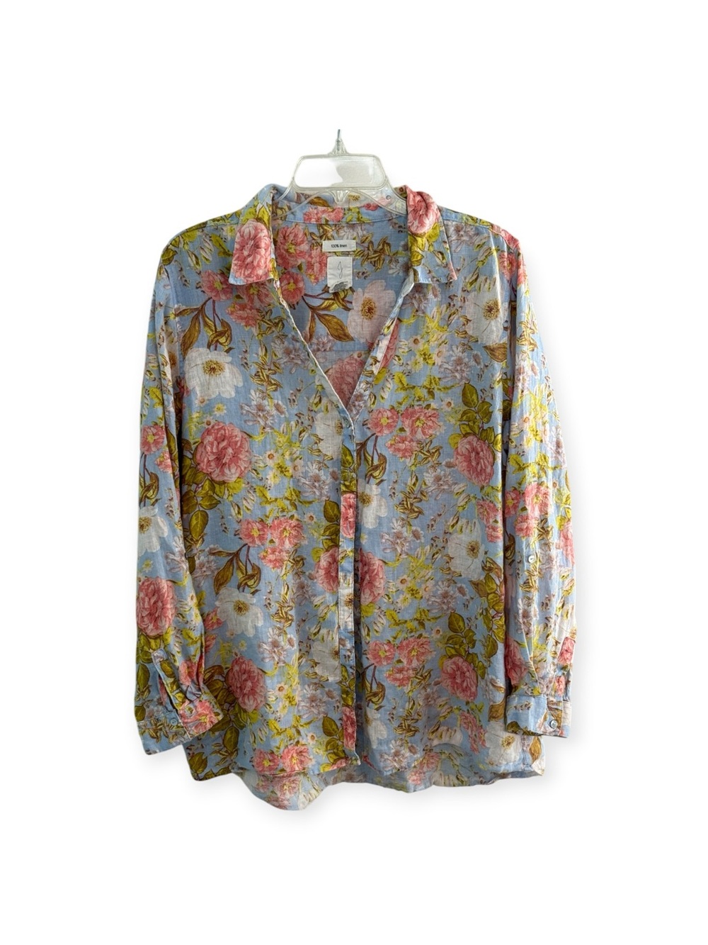 Joie 100% Linen Floral Button Front Blouse Womenโs XL Blue Floral Shirt
